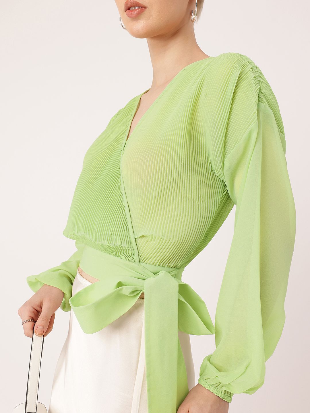 DressBerry Feminine Glam Accordion Pleats Drop Shoulder Wrap Top