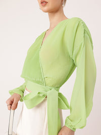 DressBerry Feminine Glam Accordion Pleats Drop Shoulder Wrap Top