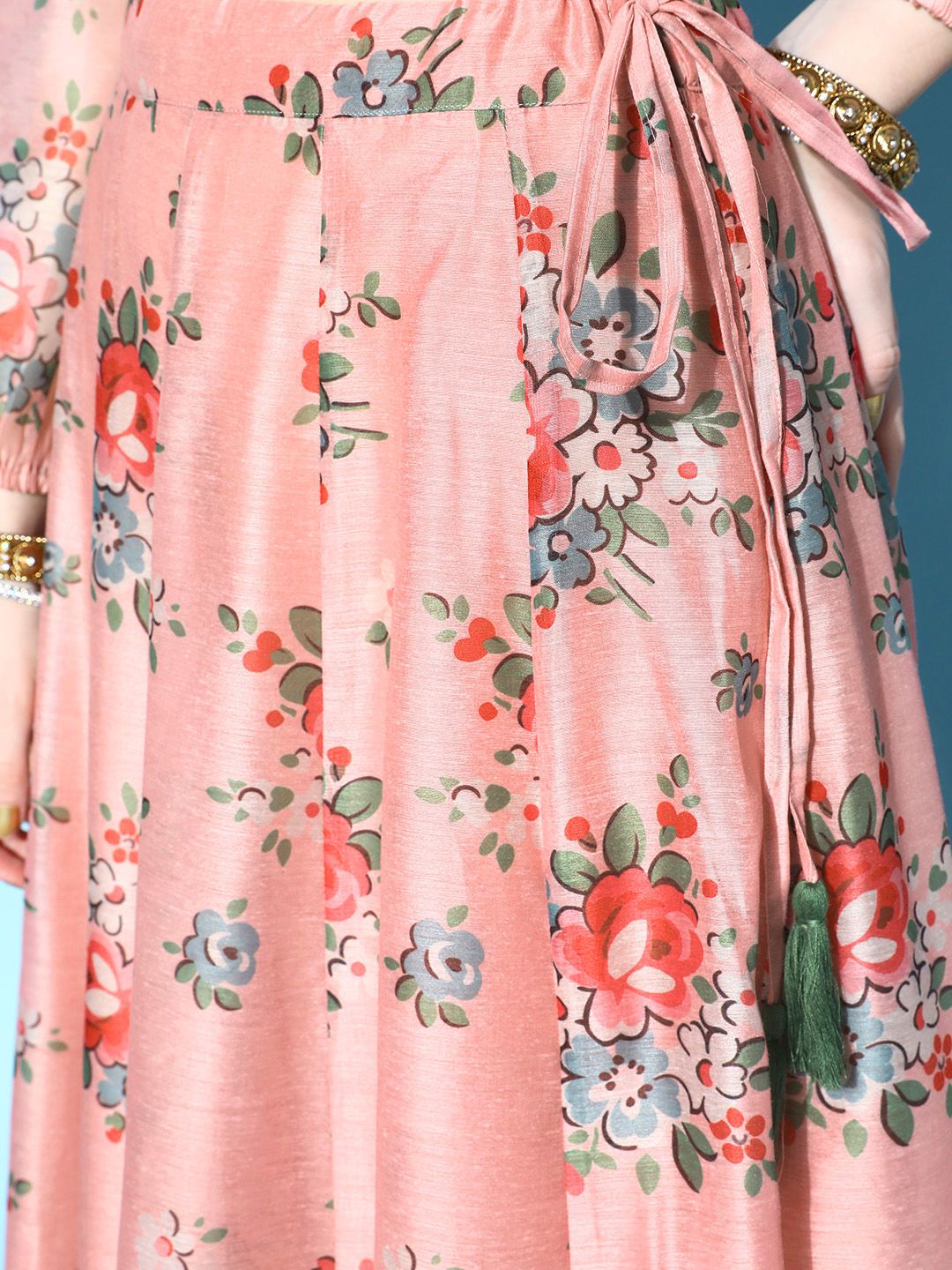 Shae by SASSAFRAS Women Peach-Coloured & Red Printed Ready to Wear Lehenga Choli