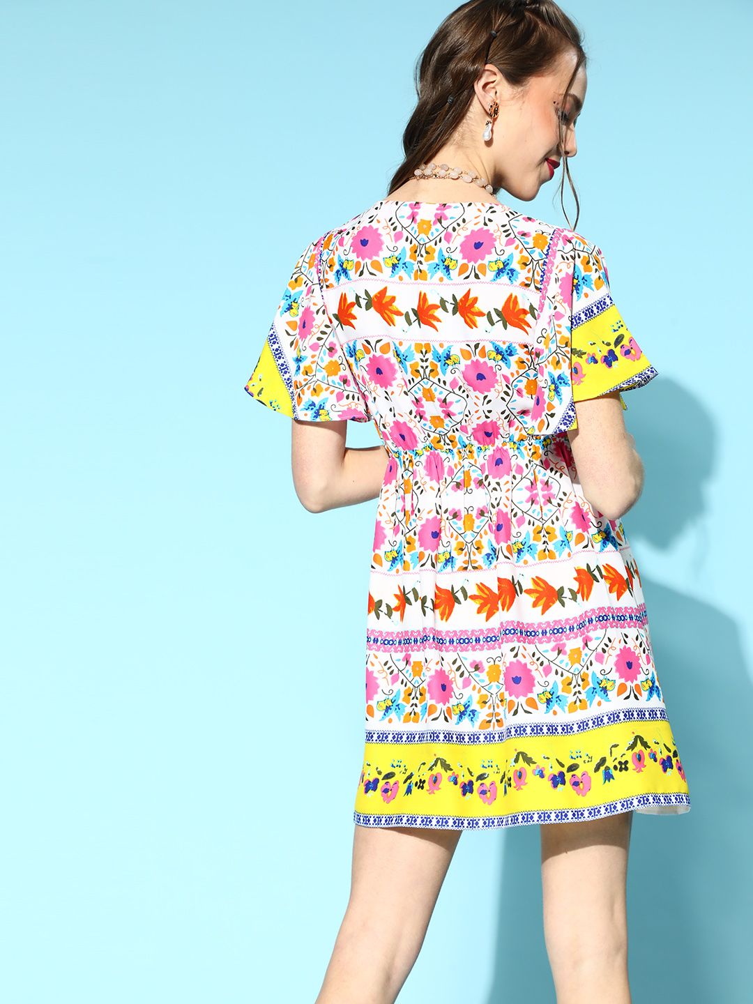 Berrylush White & Pink Floral Print Crepe A-Line Dress