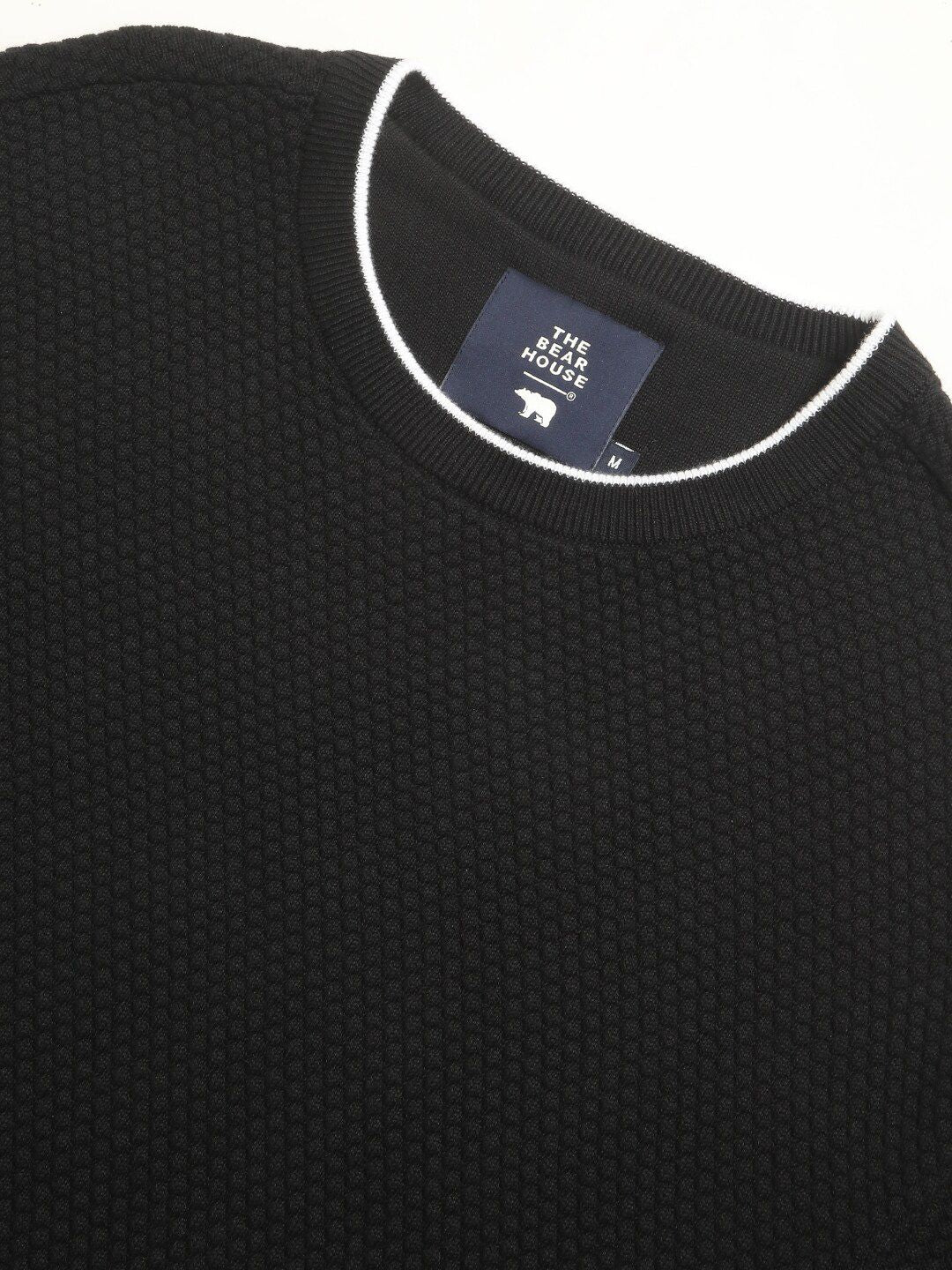 THE BEAR HOUSE Self Design Round Neck Drop-Shoulder Sleeves Cotton T-shirt