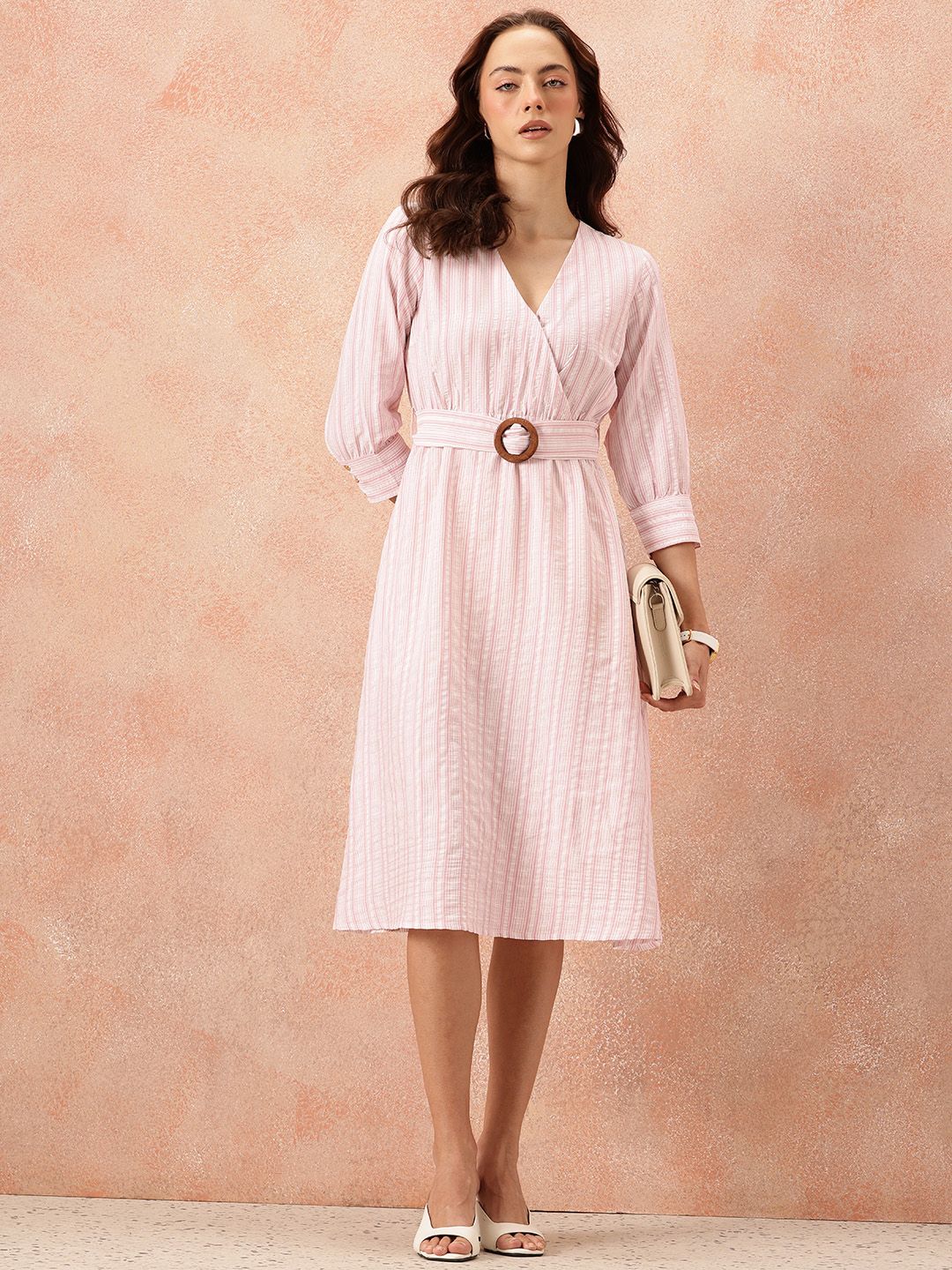 all about you Vertically Striped Seersucker Wrap-Style Midi A-Line Dress with Belt