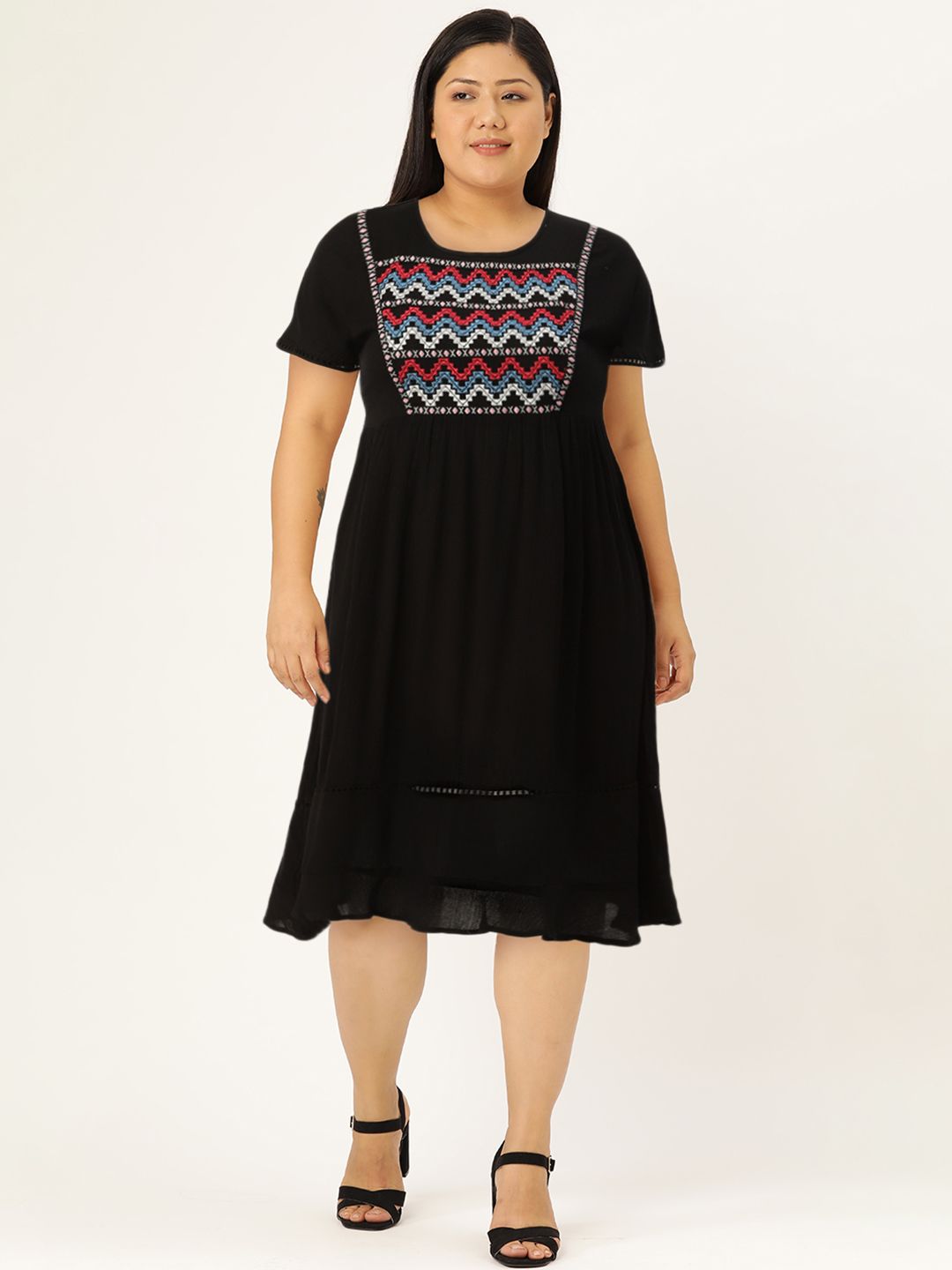 DressBerry Black Embroidered Detail A-Line Dress
