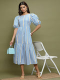 Vishudh Striped Puff Sleeves Gathered Cotton A-Line Midi Dress