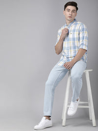 THE BEAR HOUSE Men White & Blue Classic Slim Fit Checked Pure Cotton Casual Shirt