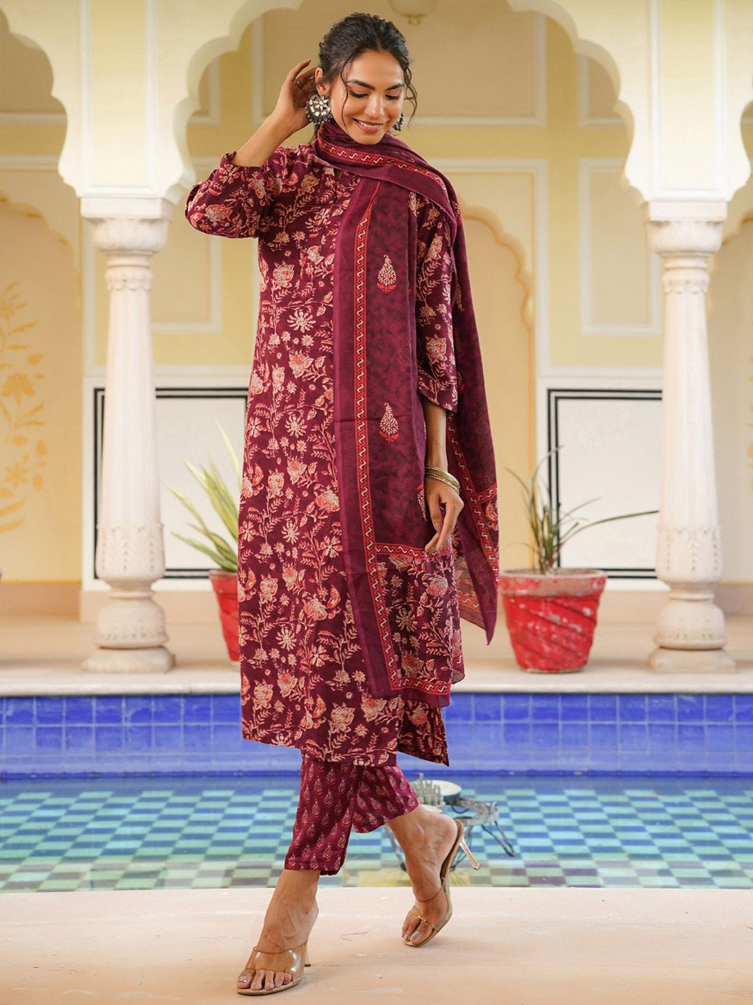 KALINI Floral Printed Straight Kurta With Trousers & Dupatta