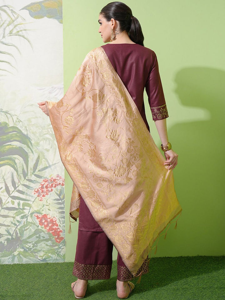 Vishudh Burgundy Floral Woven Design Straight Kurta With Palazzos & Dupatta