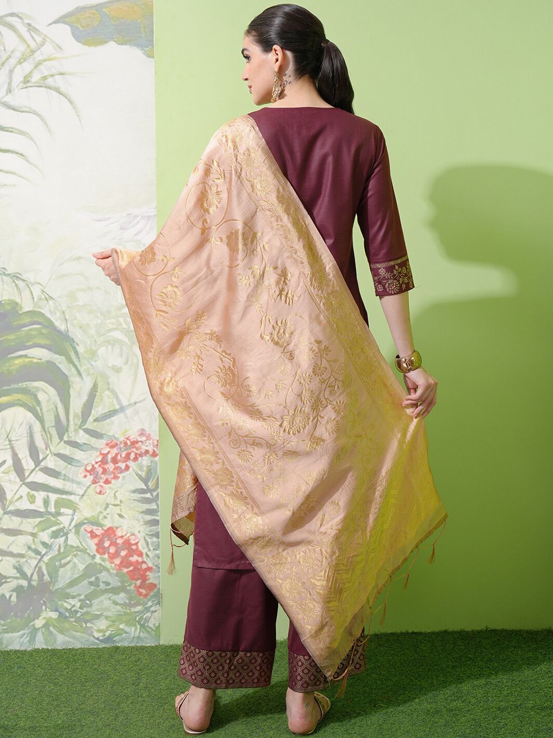 Vishudh Burgundy Floral Woven Design Straight Kurta With Palazzos & Dupatta