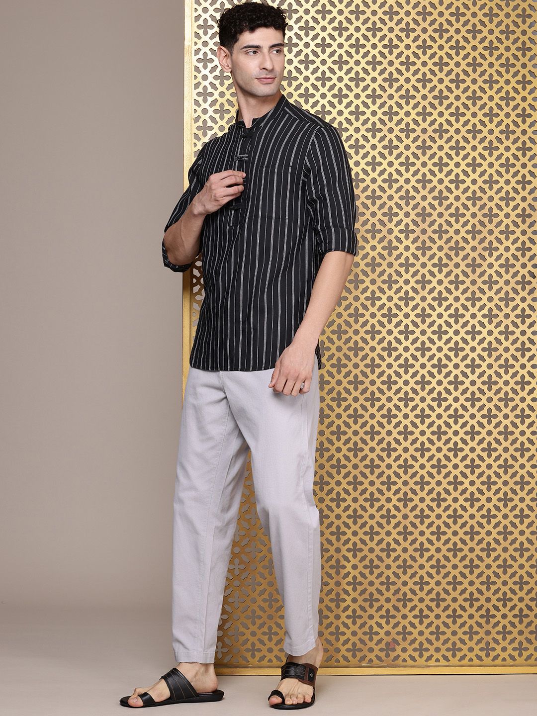 House of Pataudi Mandarin Collar Striped Rozana Kurta