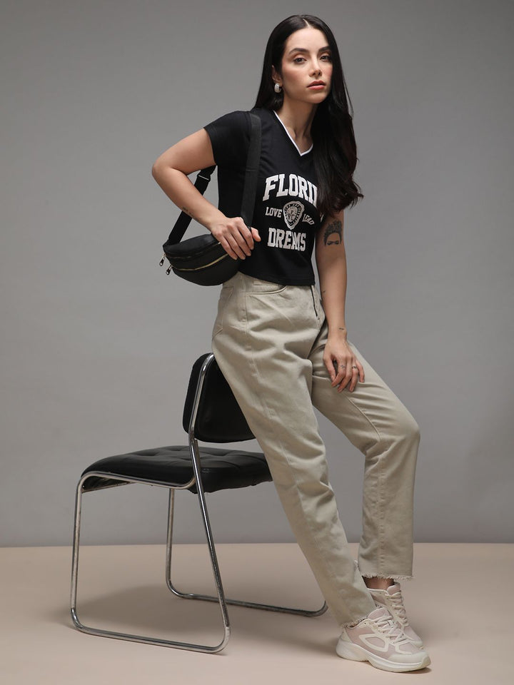 DILLINGER Women Regular Fit Cropped V-Neck Varsity Printed Tshirt