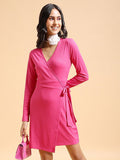 Tokyo Talkies Pink V-Neck Tie Detail Front Wrap Style Mini Dress
