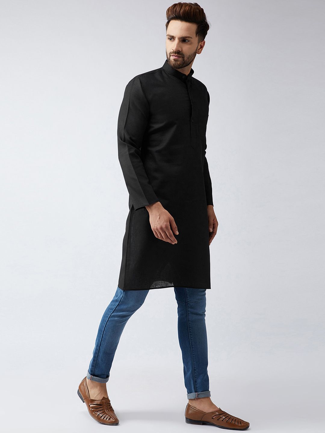 SOJANYA Men Black Solid Straight Kurta