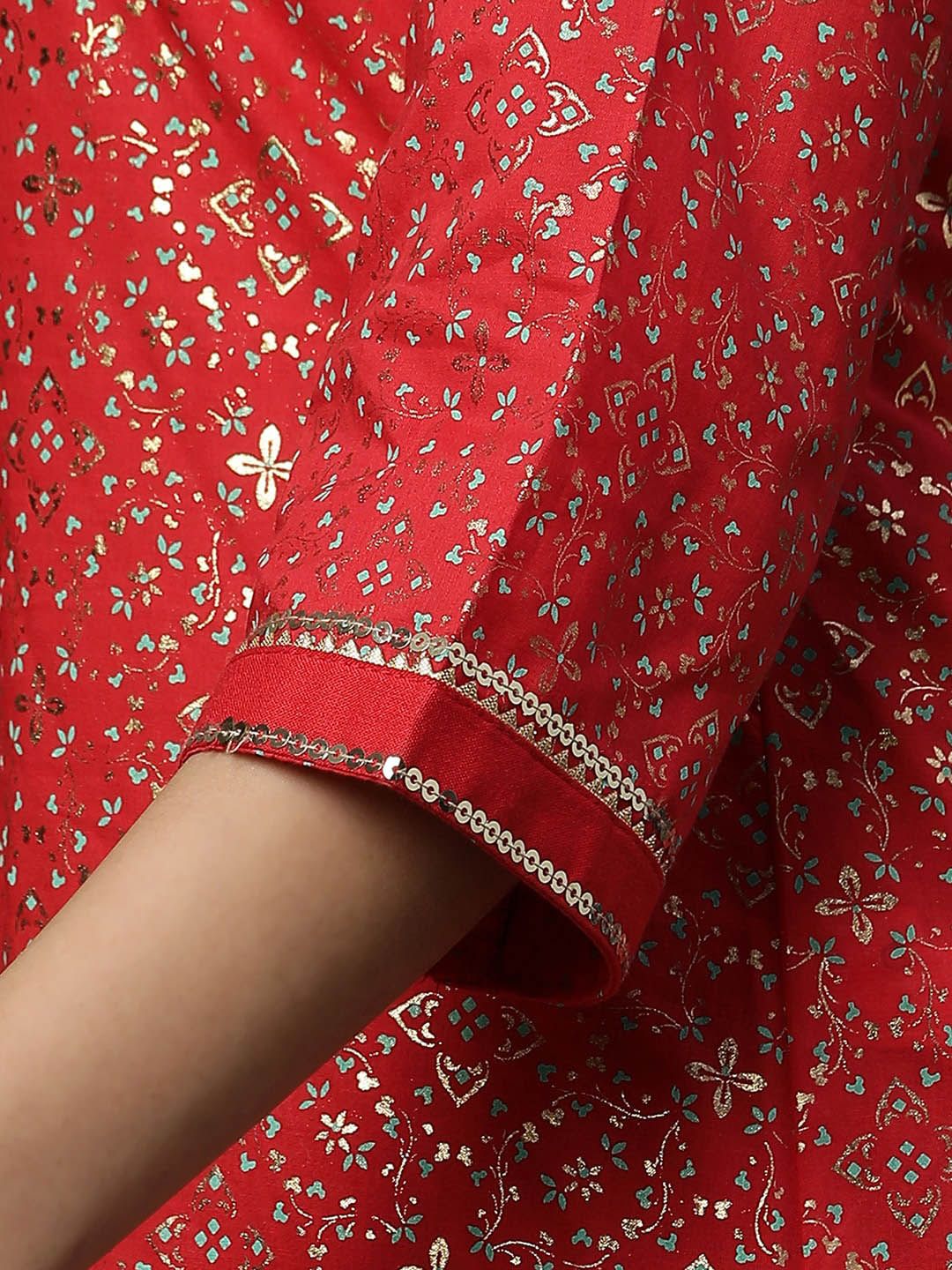 AURELIA Floral Foil Printed Sequined & Gotta Patti Pure Cotton Straight Kurta