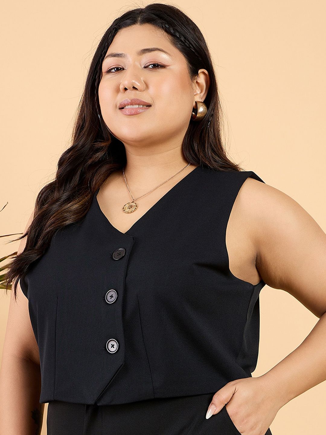 CURVY STREET Plus Size Black V-Neck Waistcoat