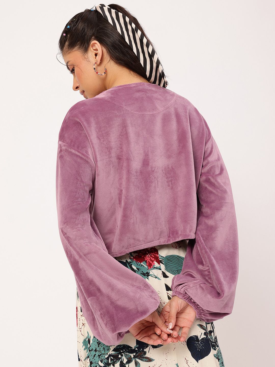 DressBerry Free-Spirit Fit Velour Finish Dramatic Puff Sleeves Crop Jacket