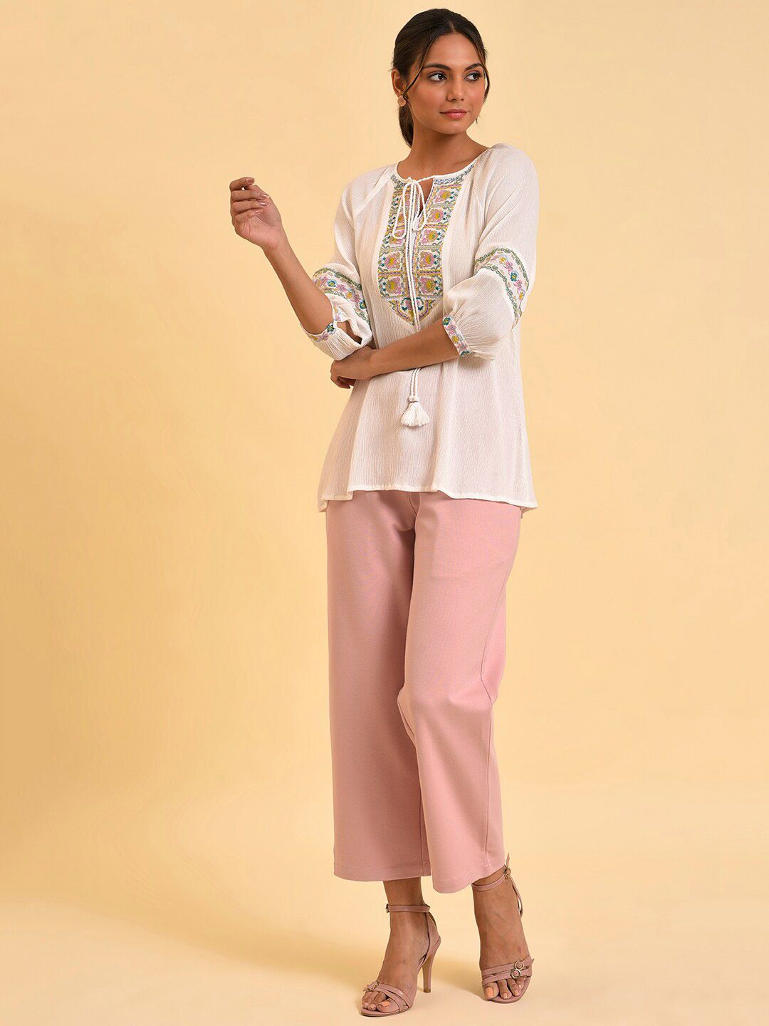 W White Tie-Up Neck Embroidered Raglan Sleeve Top