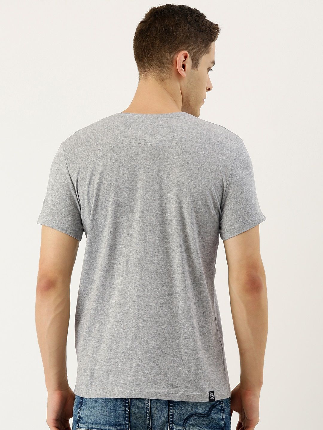 Being Human Men Grey Melange & Black Printed Round Neck T-shirt