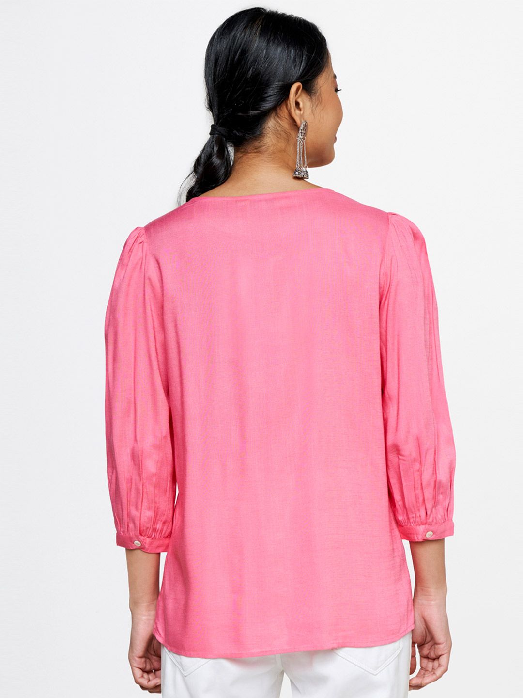 Global Desi Floral Embroidered Round Neck Top