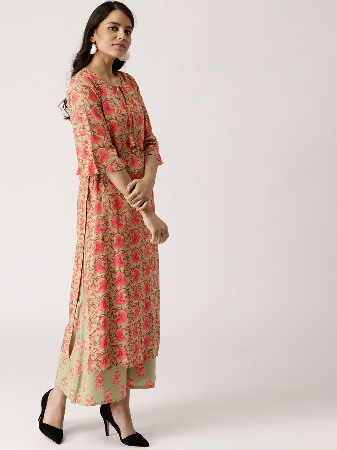 Libas Women Green & Coral Pink Printed Kurta with Palazzos