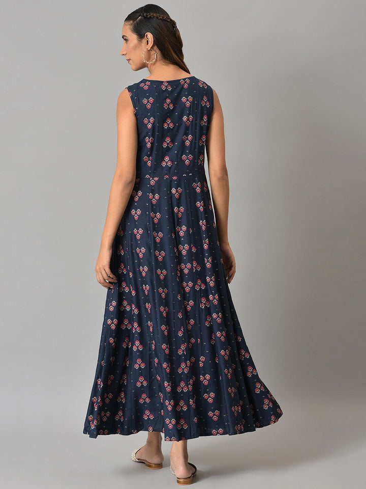 W Blue Ethnic Motifs Layered Ethnic Maxi Dress