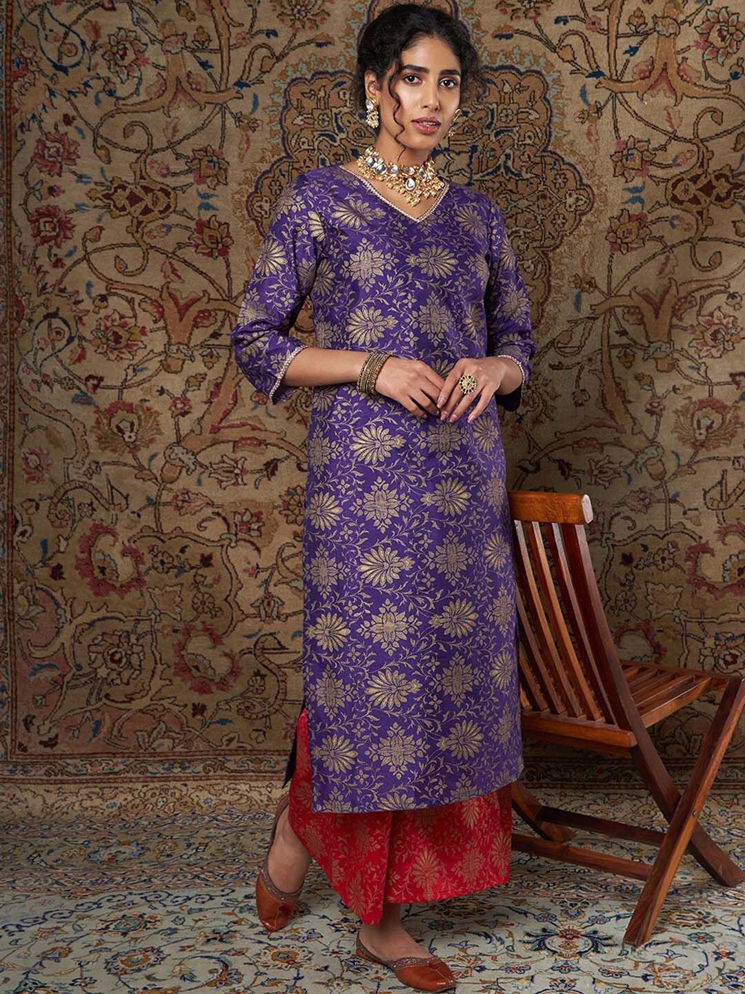 Shae by SASSAFRAS Floral Printed Zari Jacquard Straight Kurta