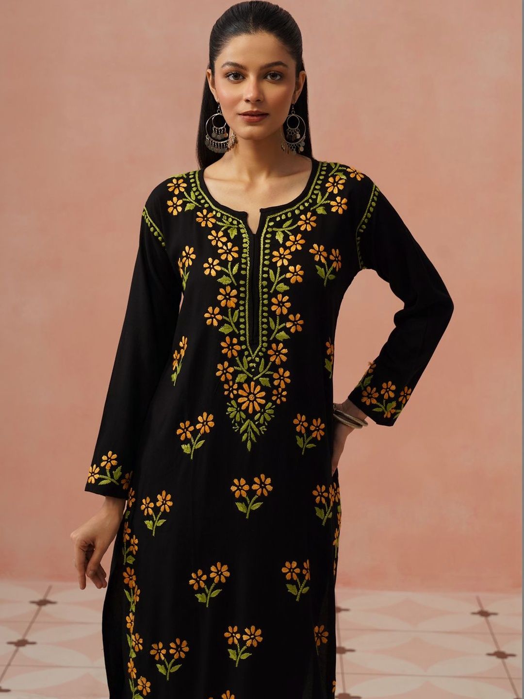 House of Chikankari Women Floral Embroidered Thread Work Kurta