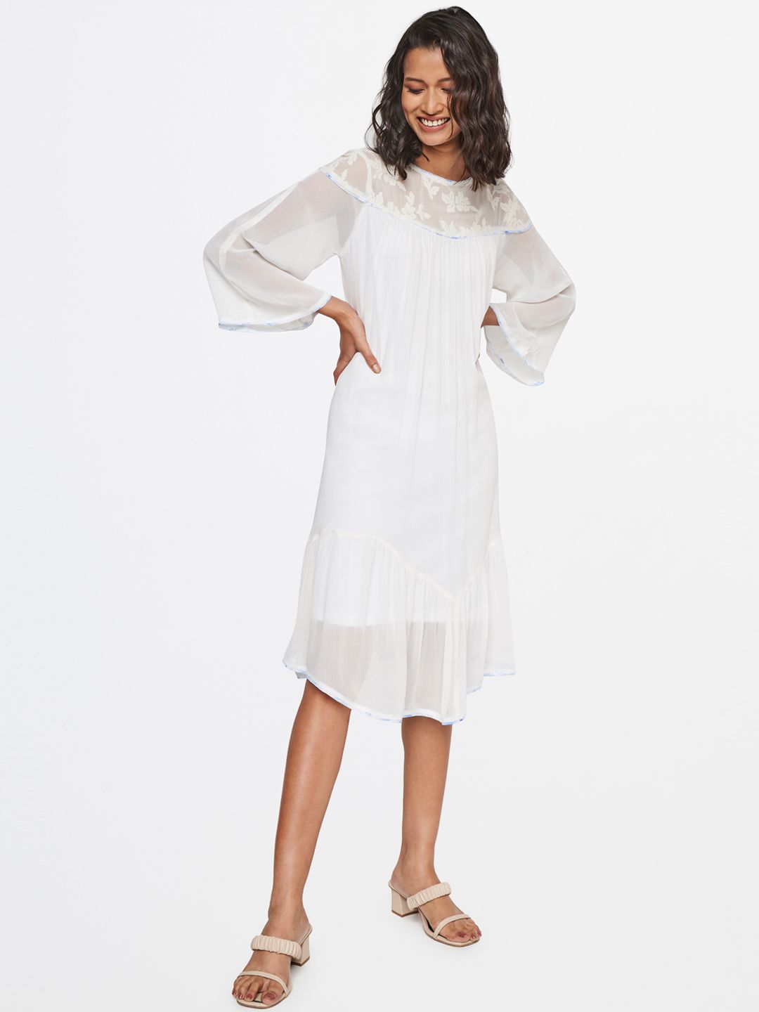 AND Flared Sleeve A-Line Midi Dress with Embroidered Yoke