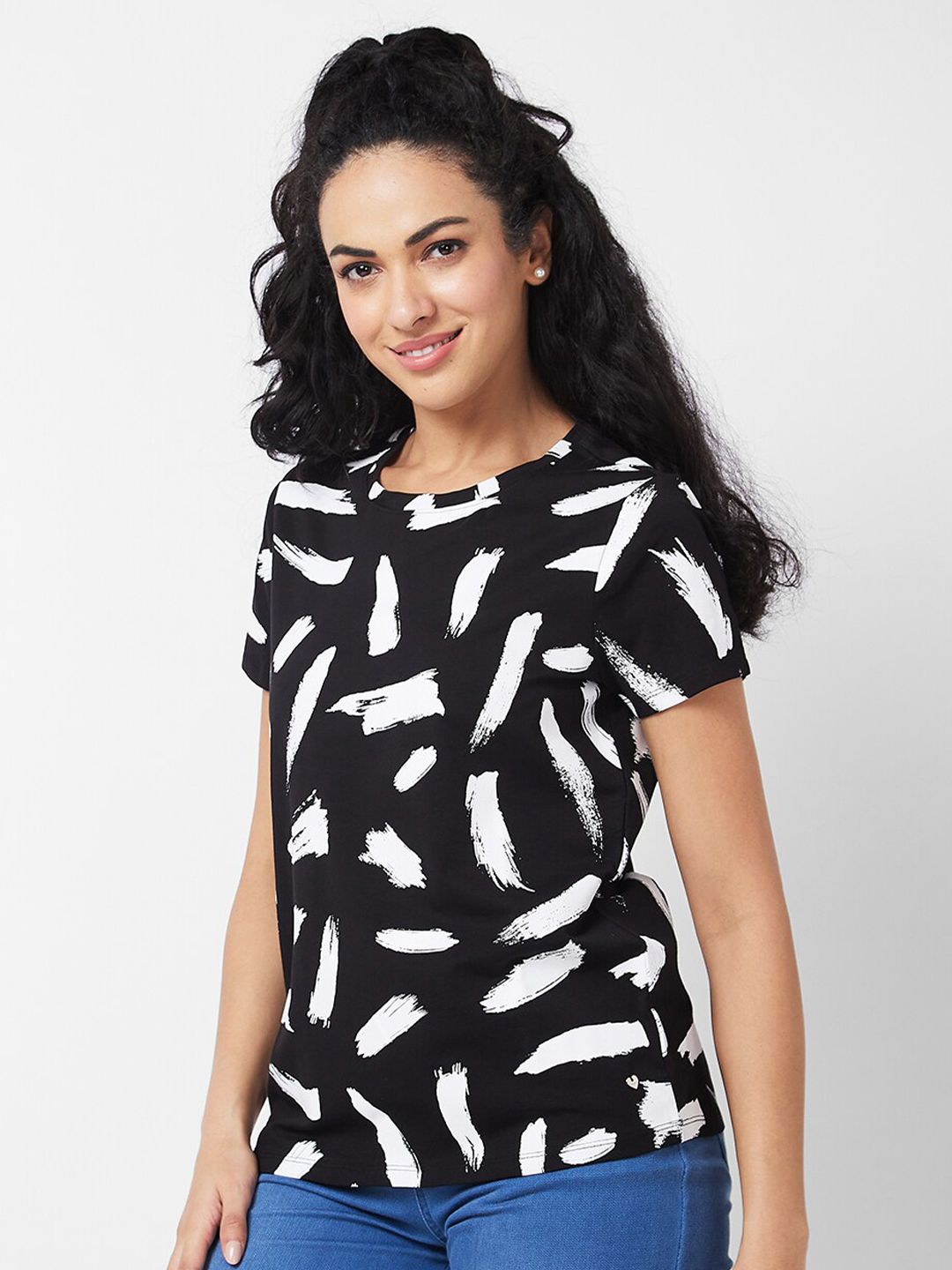 SPYKAR Abstract Printed Round Neck Half Sleeves Cotton Casual T-shirt