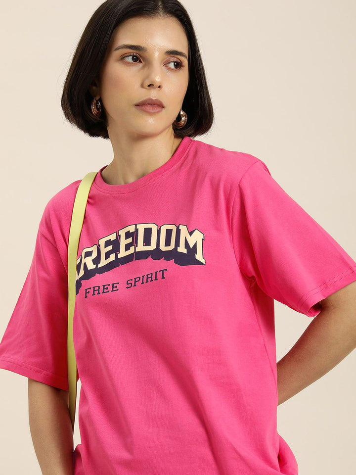 DILLINGER Women Pink & Cream-Coloured Typography Pure Cotton Oversized T-shirt