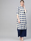 W Women Off-White & Navy Blue Printed Straight Kurta