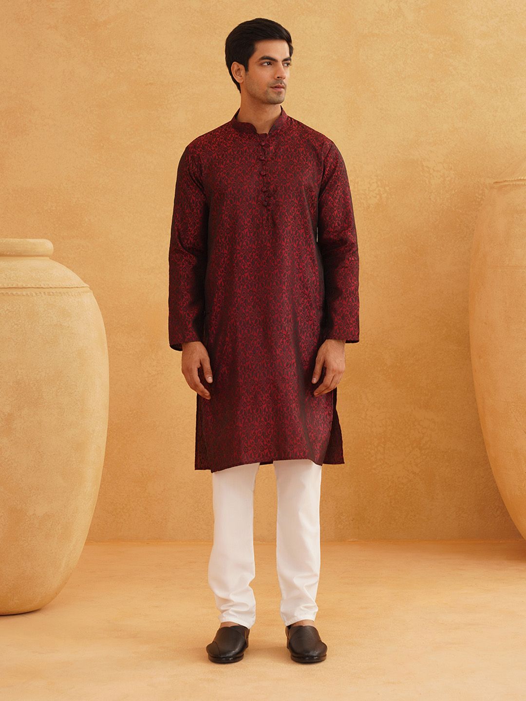 SOJANYA Men Maroon Printed Straight Kurta