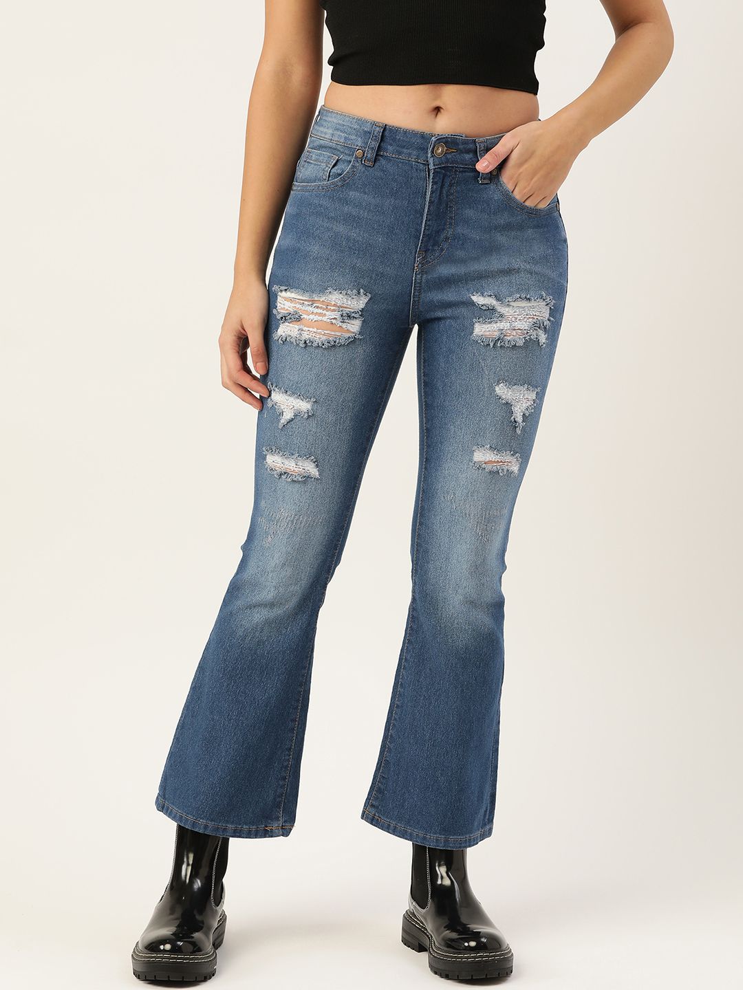 DressBerry Women Blue Flared Low Distress Light Fade Stretchable Jeans