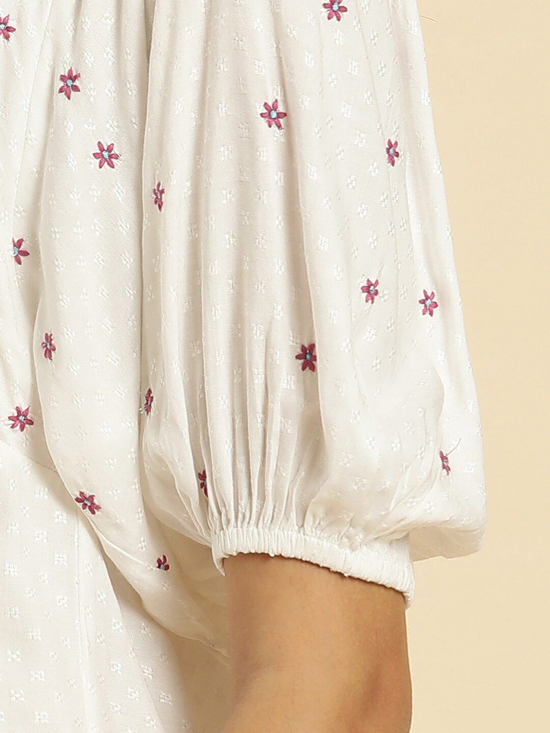 W Floral Embroidered Puff Sleeve A Line Top