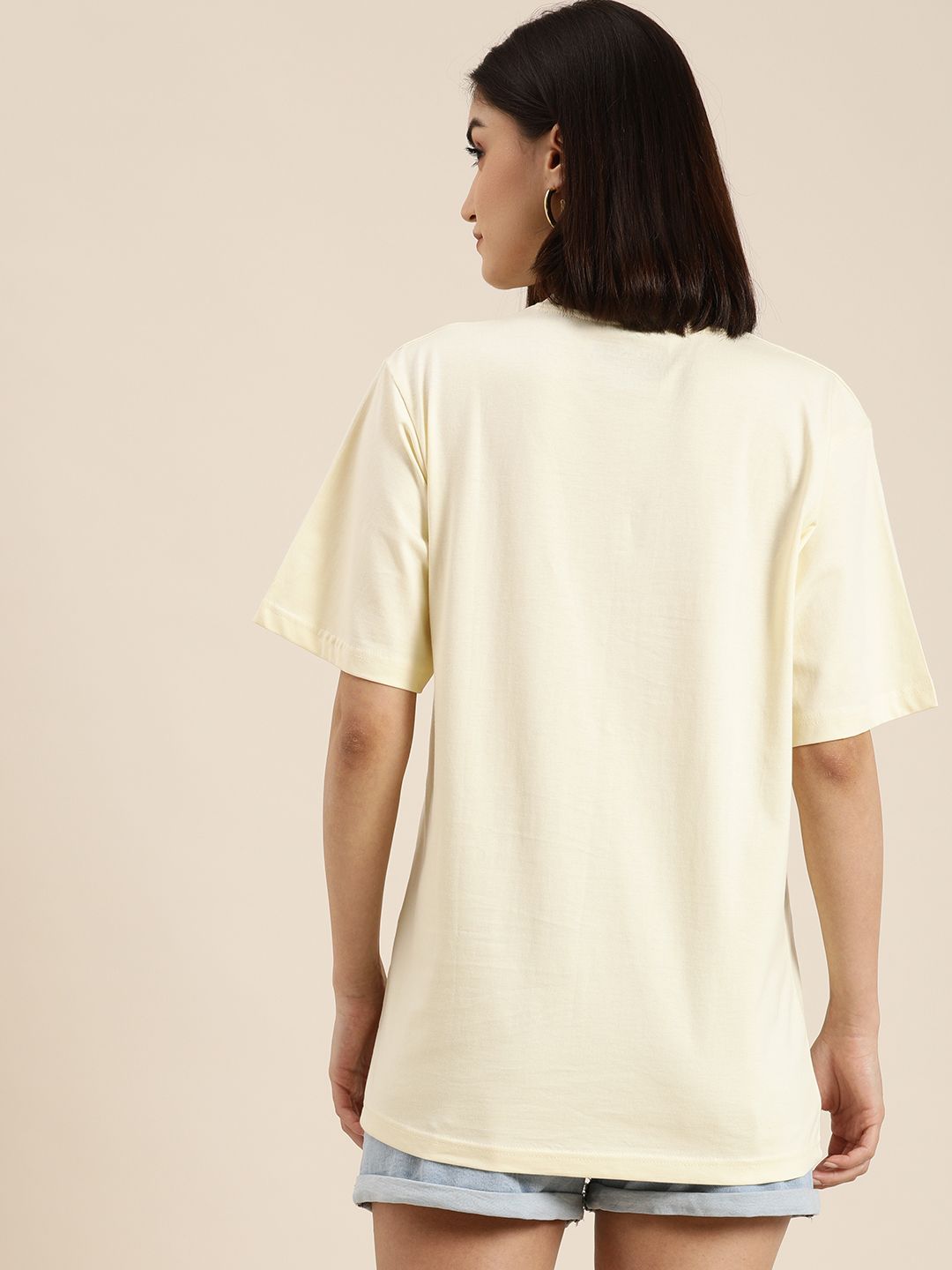 DILLINGER Women Cream-Coloured Printed Cotton Oversized Pure Cotton T-shirt