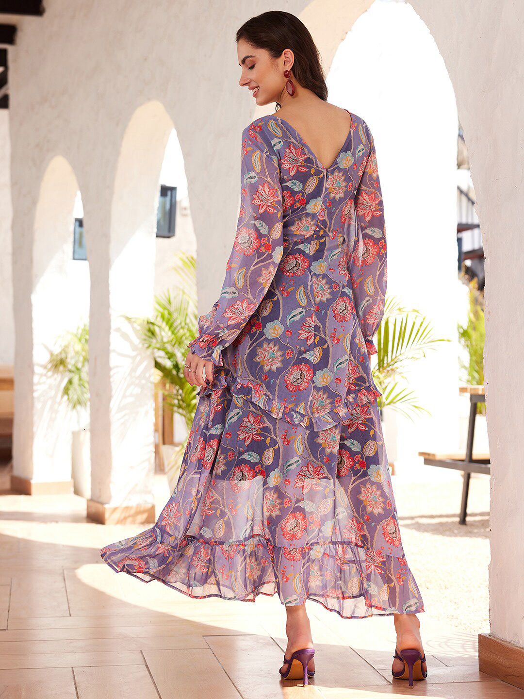 STREET 9 Floral Printed Puffed Sleeves Ruflles Georgette Cut-Out Maxi Dress