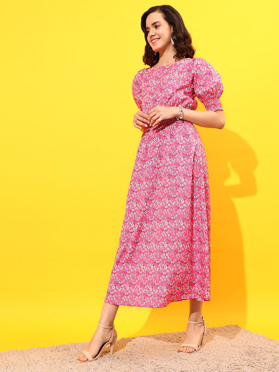 STREET 9 Floral Printed Puff Sleeves A-Line Dress