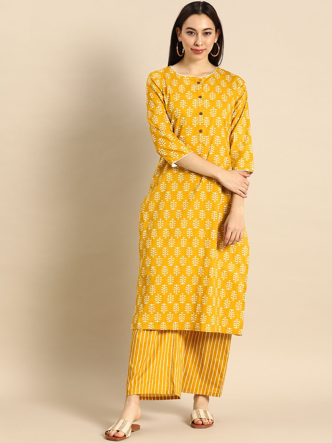 Anouk Women Yellow & White Printed Kurta with Palazzos