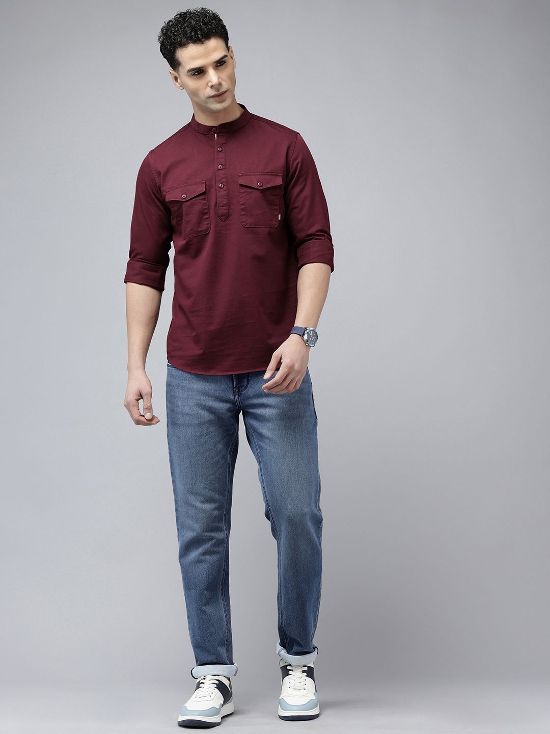 SPYKAR Slim Fit Band Collar Pure Cotton Casual Shirt