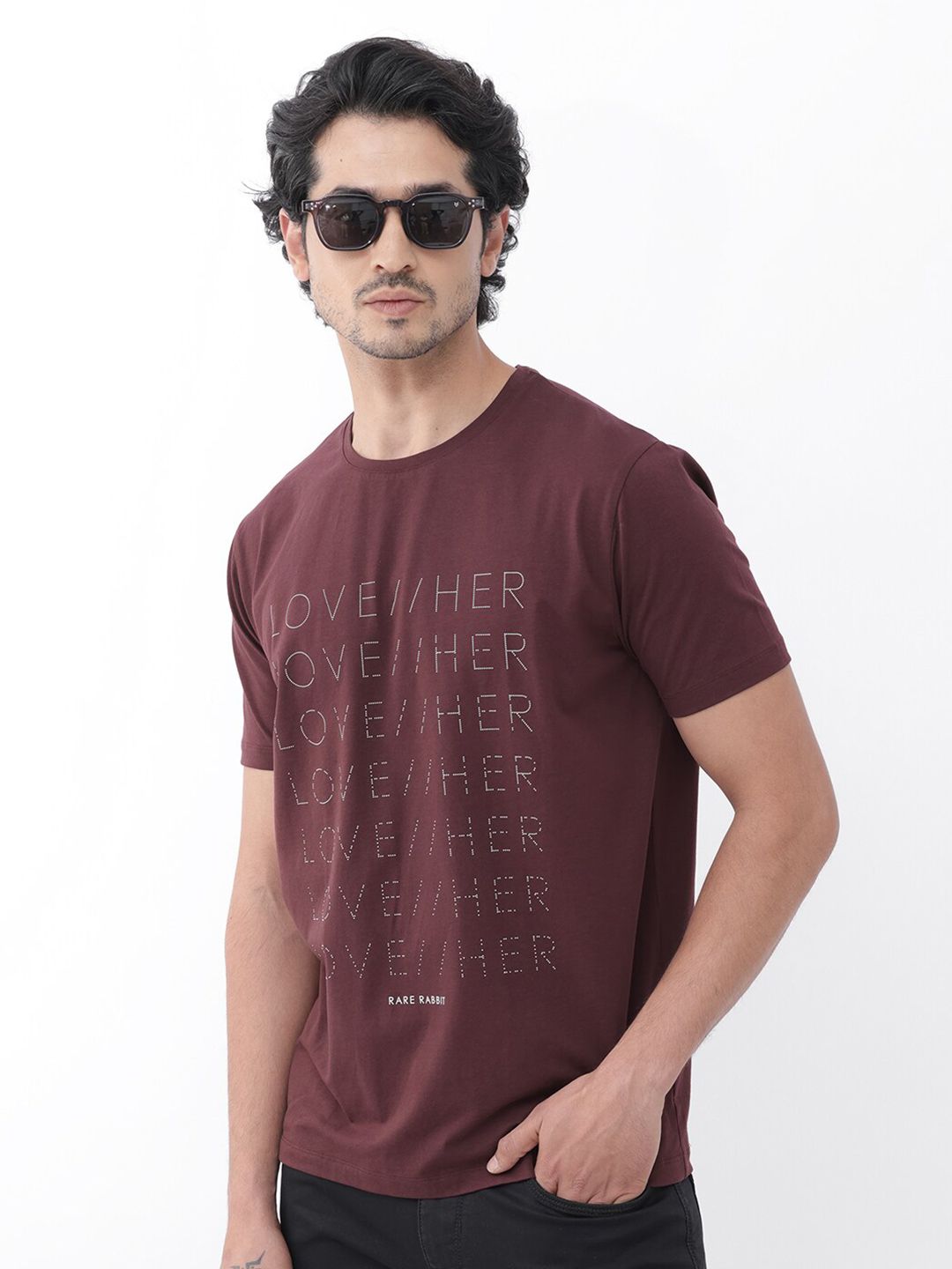 RARE RABBIT Men Love Her Skinny Fit Typography Printed Cotton T-Shirt