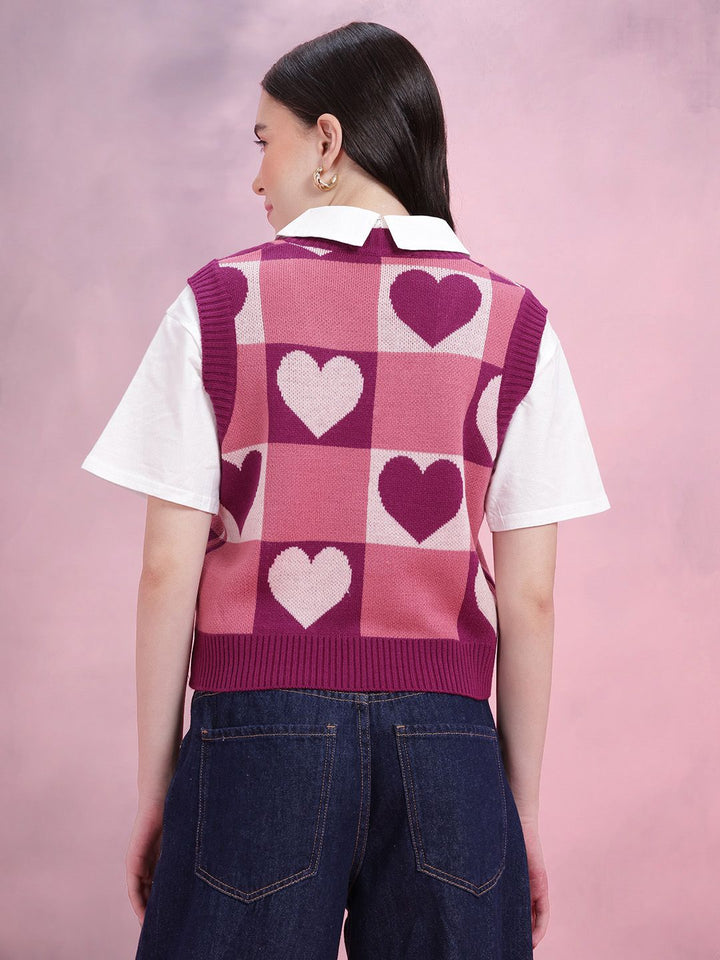 DressBerry Women Conversational Pattern Self Design V-Neck Knitted Pullover