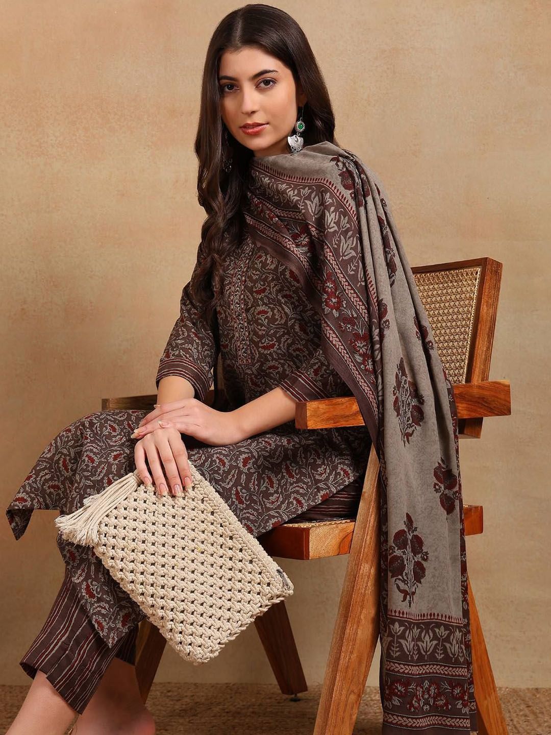 KALINI Floral Printed Straight Kurta with Trousers & Dupatta