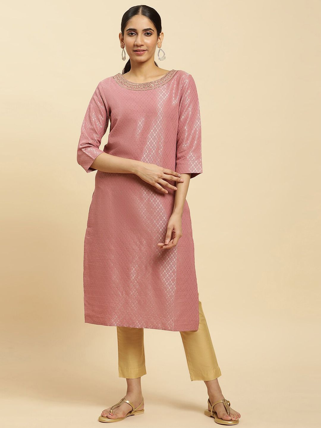 W Pink Woven Design Sequinned Straight Kurta