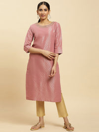 W Pink Woven Design Sequinned Straight Kurta