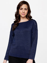 AND Women Navy Blue Extended Sleeves Top