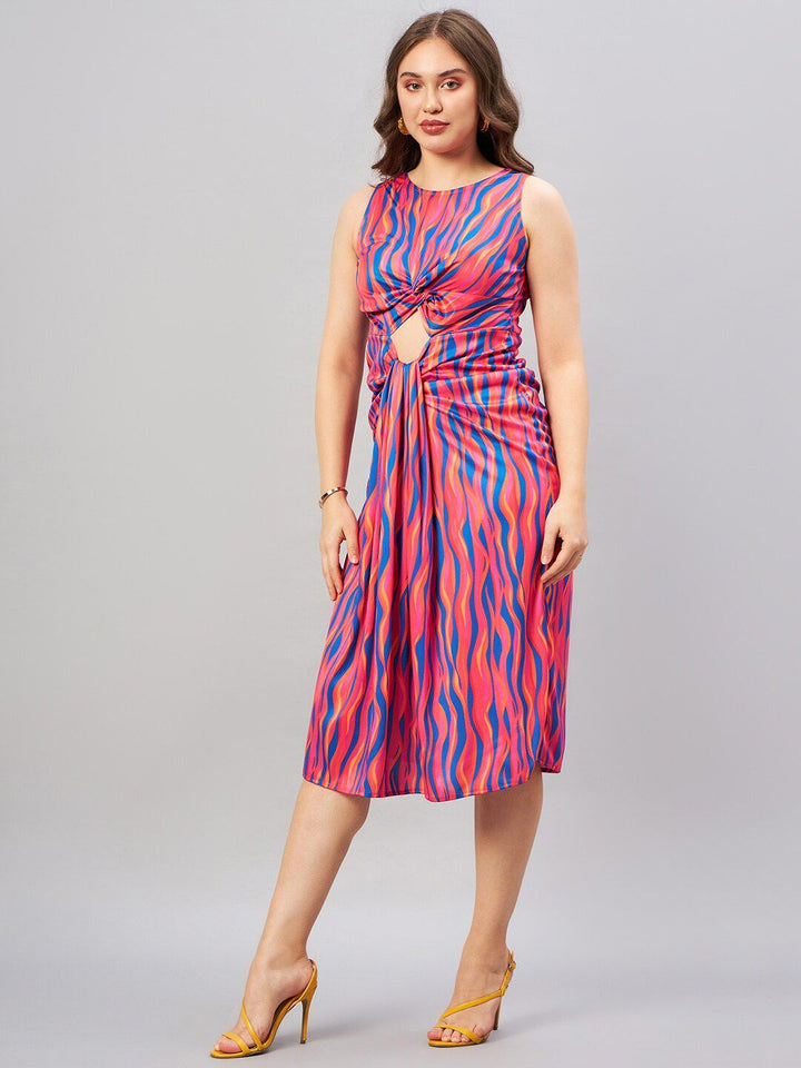 Antheaa Blue Abstract Printed Cut-Out A-Line Midi Dress