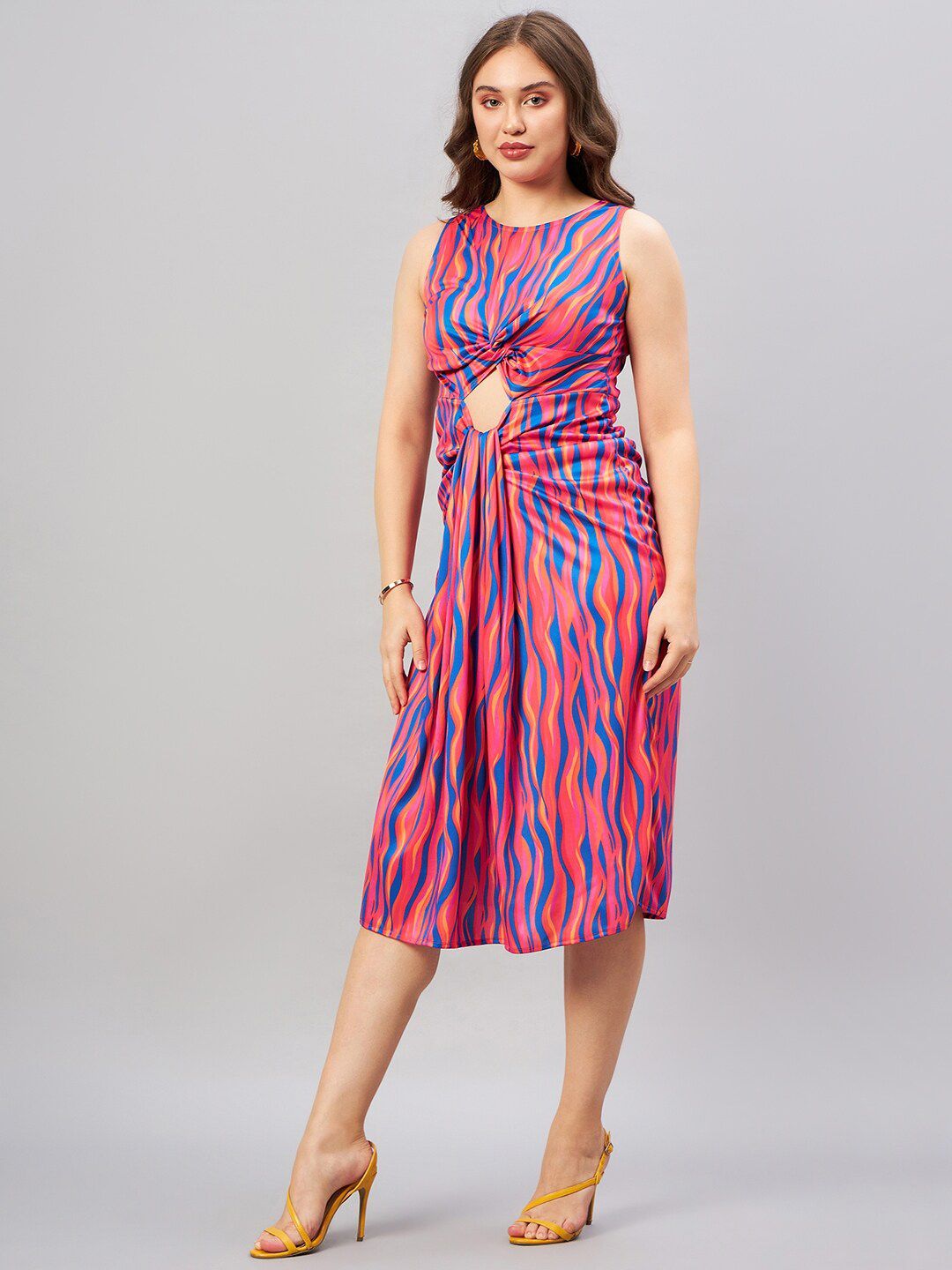 Antheaa Blue Abstract Printed Cut-Out A-Line Midi Dress