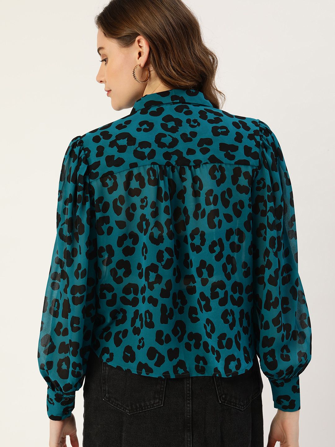 DressBerry Teal Blue & Black Animal Print Shirt Style Top