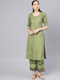 Libas Women Green & Navy Block Print Kurta with Palazzos