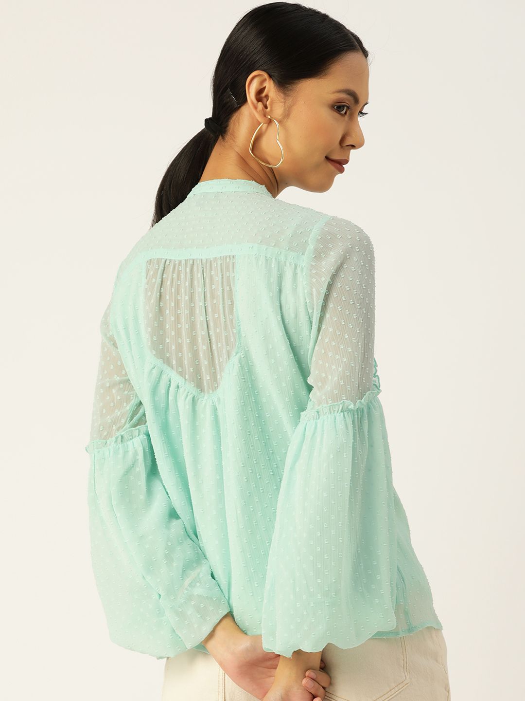 Antheaa Women Sea Green Solid Puff Sleeves Chiffon Top