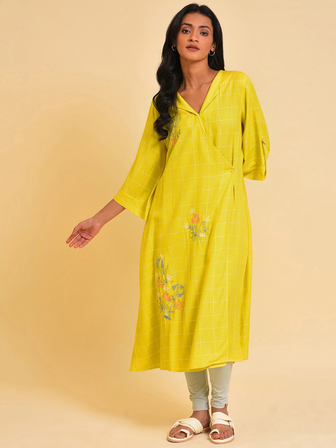 W Yellow Embroidered Checker Wrap Dress